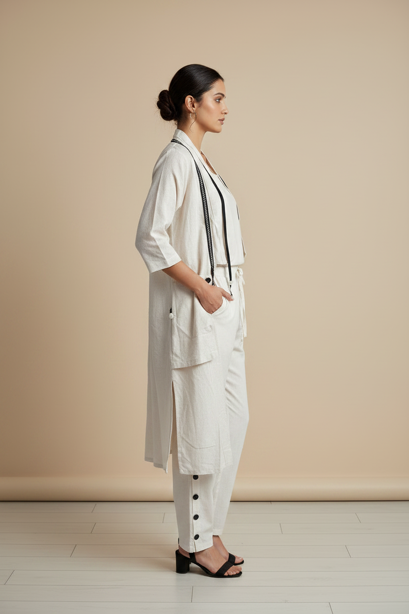 Beige 3-Piece Cordset – Shrug, Long Top & Pants