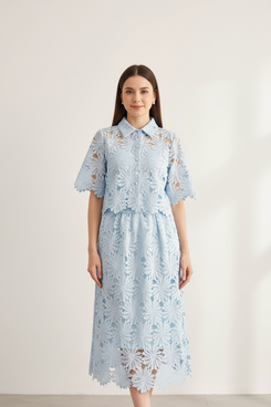 Sky Blue Floral Lace Hollow-Out Co-Ord Set – Crop Top & Midi Skirt