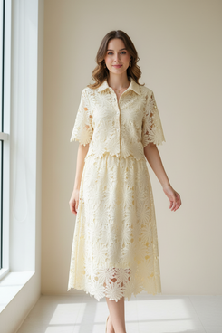 Light Yellow Floral Lace Hollow-Out Co-Ord Set – Crop Top & Midi Skirt