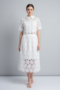 White Floral Lace Hollow-Out Co-Ord Set – Crop Top & Midi Skirt