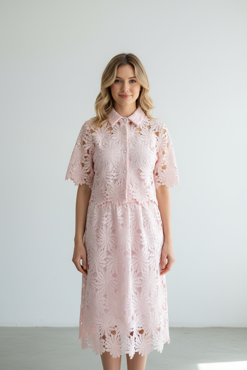 Light Pink Floral Lace Hollow-Out Co-Ord Set – Crop Top & Midi Skirt