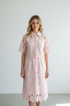 Light Pink Floral Lace Hollow-Out Co-Ord Set – Crop Top & Midi Skirt