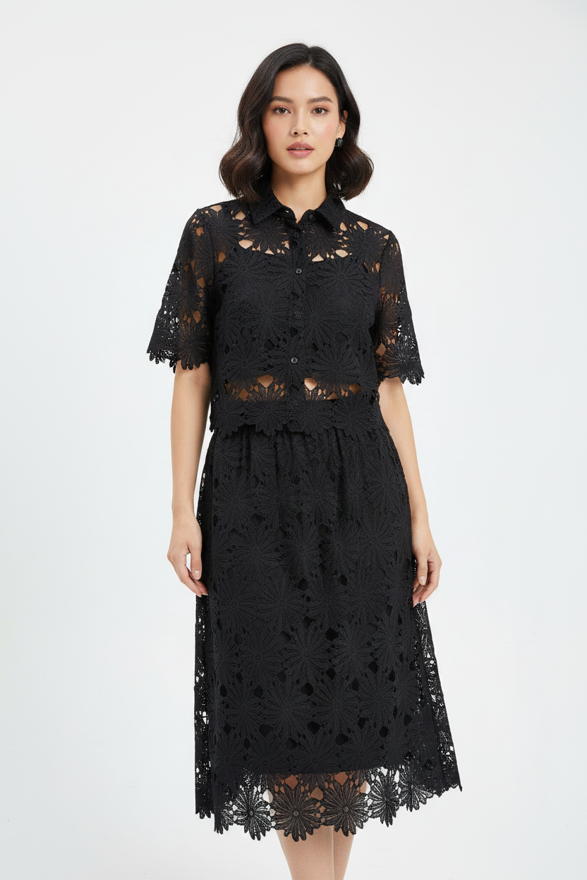 Black Floral Lace Hollow-Out Co-Ord Set – Crop Top & Midi Skirt