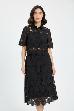 Black Floral Lace Hollow-Out Co-Ord Set – Crop Top & Midi Skirt