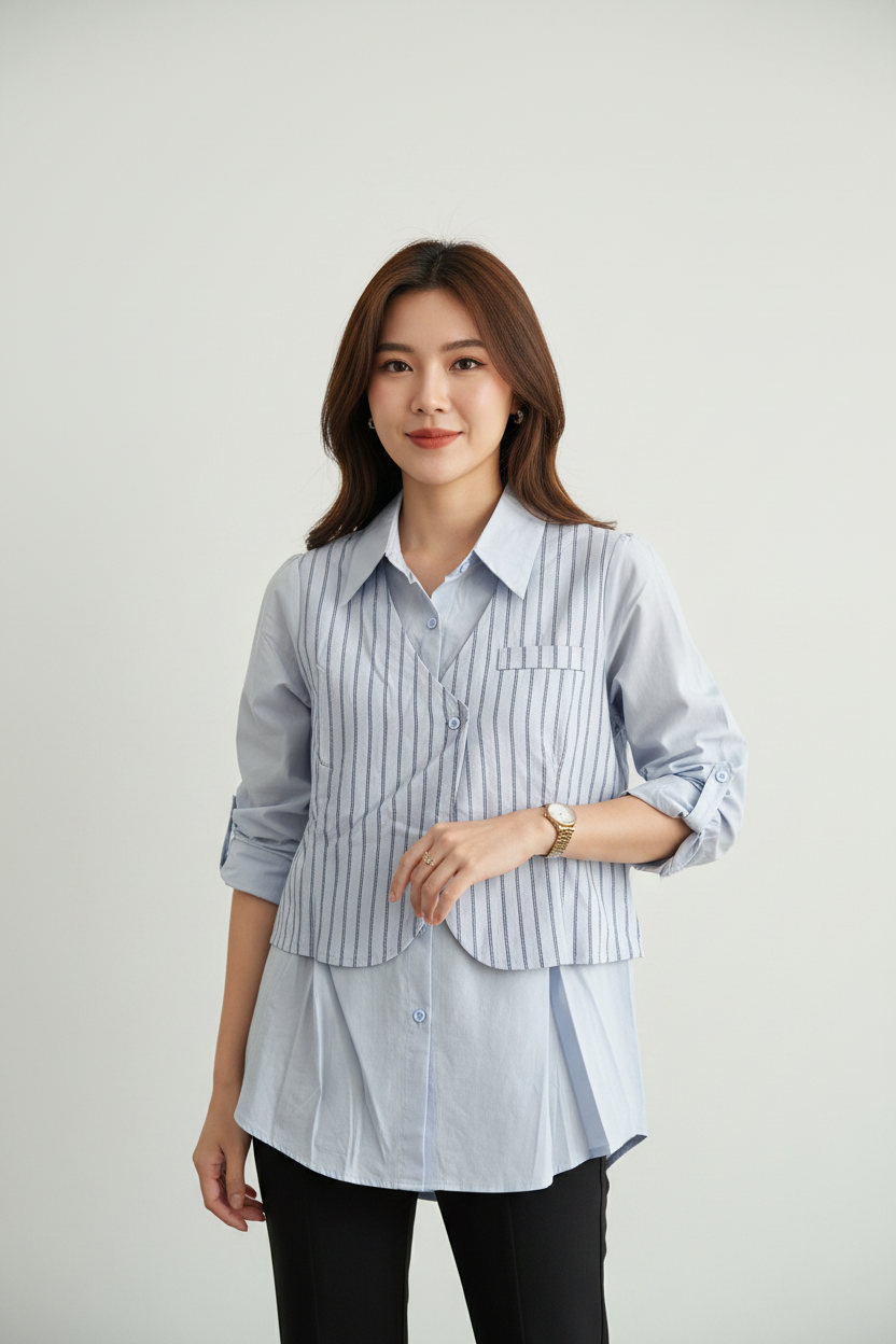 Light Blue Layered Designer Shirt – Pinstripe Vest & Plain Oversized Shirt