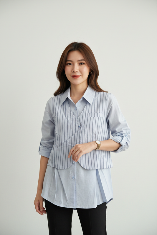 Light Blue Layered Designer Shirt – Pinstripe Vest & Plain Oversized Shirt
