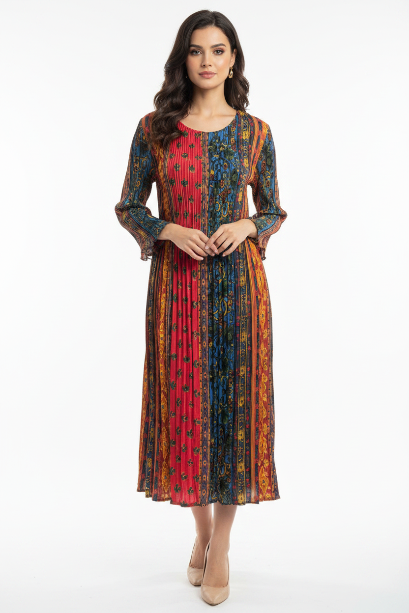 Magical Multicolor Pleated Midi Dress – Vibrant Floral & Paisley Print