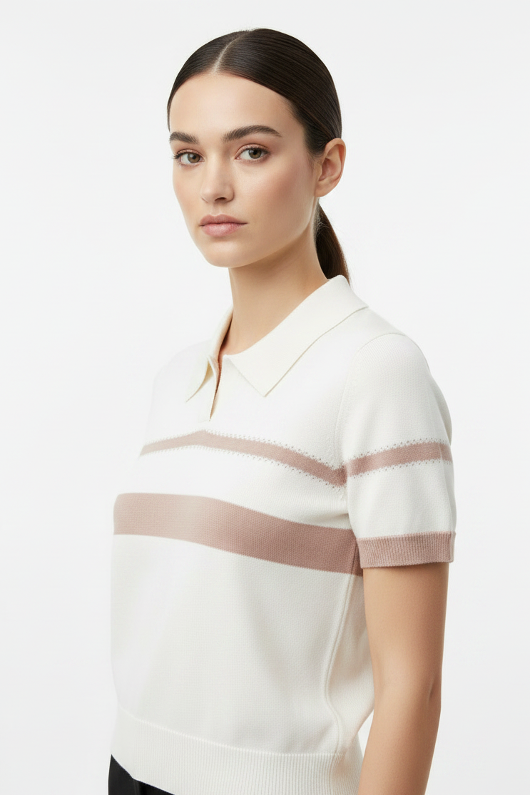 White Knit Polo Top - Close Up