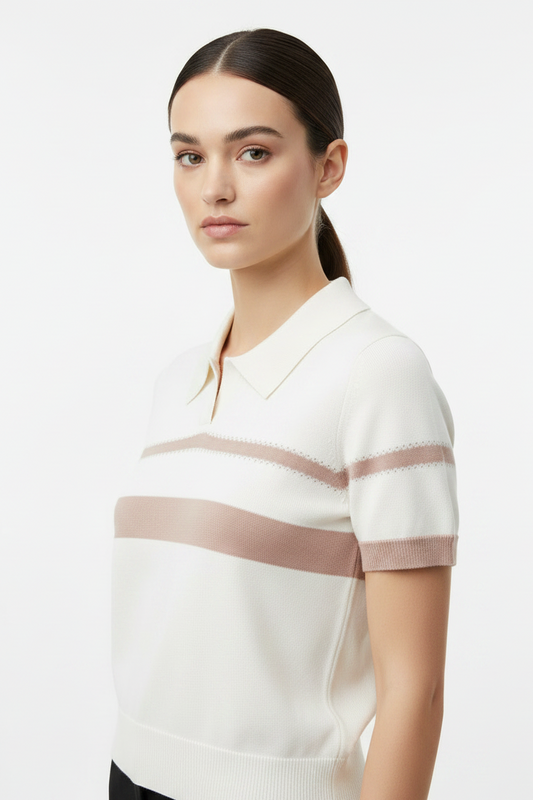 White Knit Polo Top - Close Up
