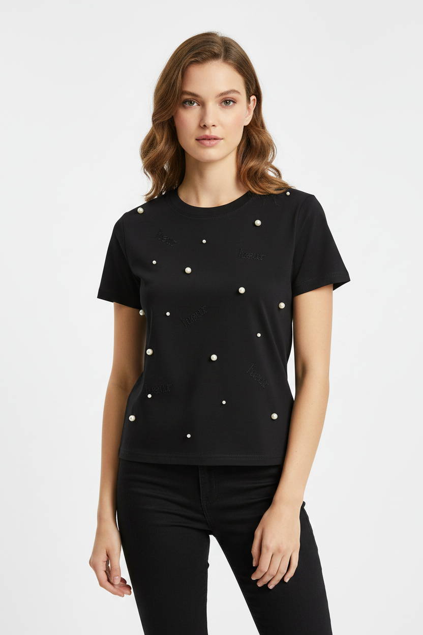 Black White Pearl T-Shirt - Female Model Front Pose