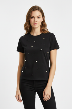 Black White Pearl T-Shirt - Female Model Front Pose