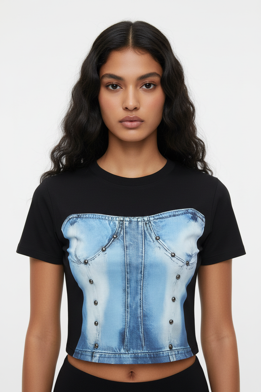 Denim Corset Graphic Tee Black - Female Model Front Pose