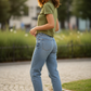 Women Cotton Polo Crop Top Olive Green - Side Pose Model