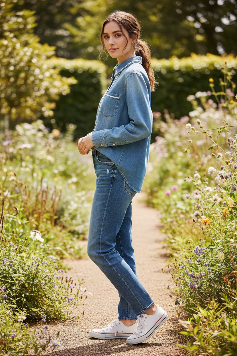 Lace Denim Shirt - Female Model Side Pose