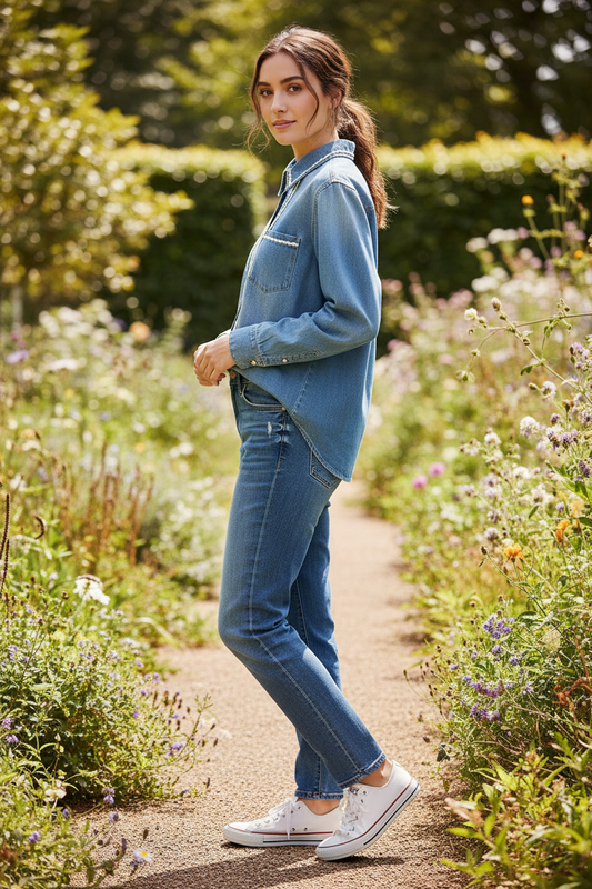 Lace Denim Shirt - Female Model Side Pose