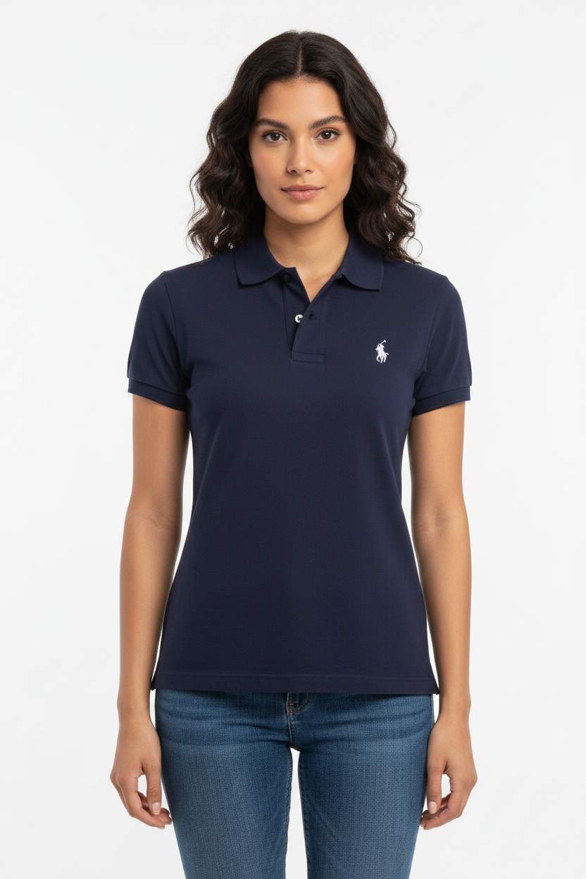 Women Cotton Polo T-Shirt Navy Blue - Front Pose Model