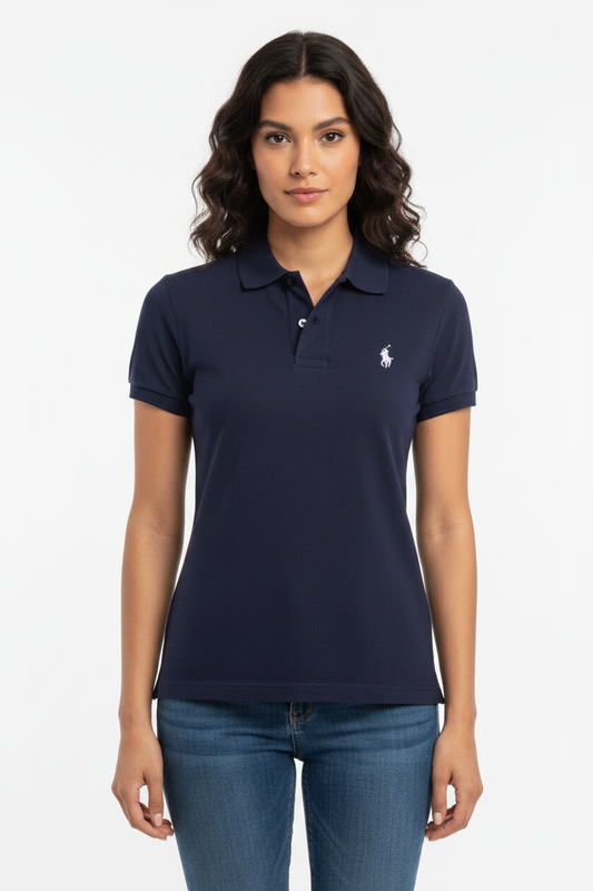 Women Cotton Polo T-Shirt Navy Blue - Front Pose Model
