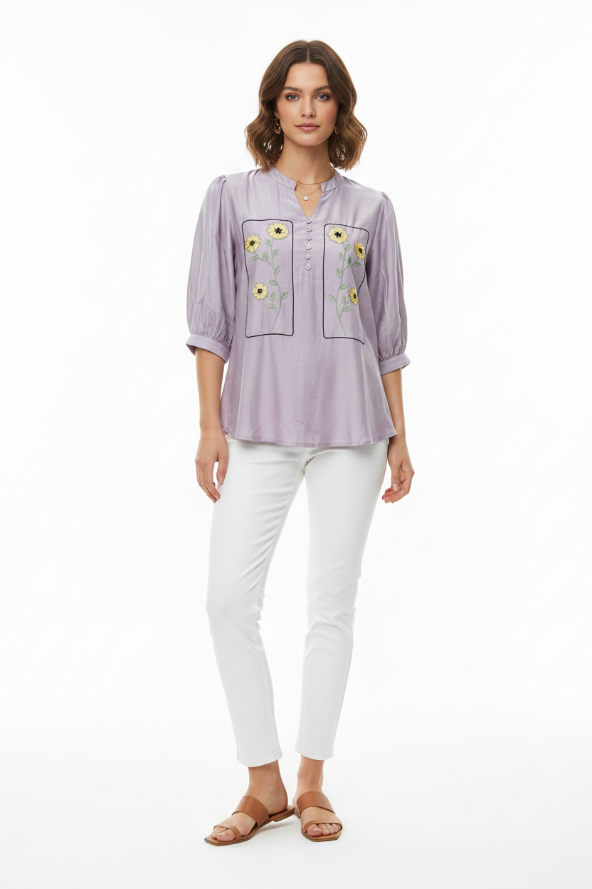 Lavender Embroidered Top - Female Model Front Pose