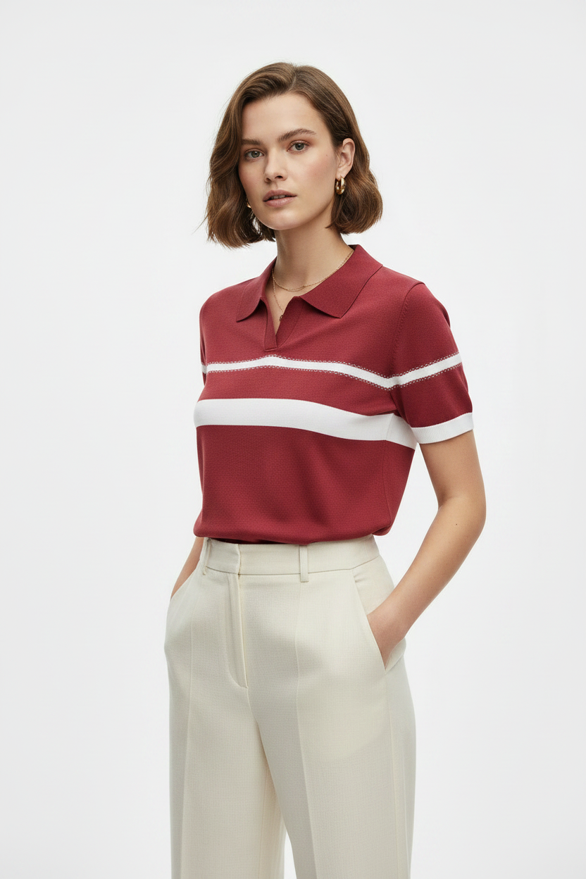 Red Knit Polo Top - 3/4 Angle