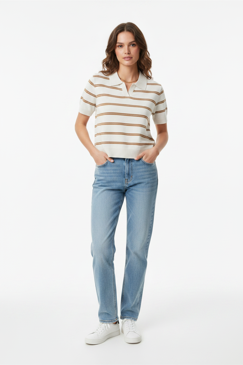 White Brown Knit Polo - Front View