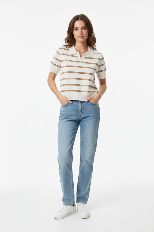 White Brown Knit Polo - Front View