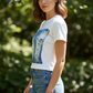 Denim Corset Graphic Tee White - Female Model Side Pose