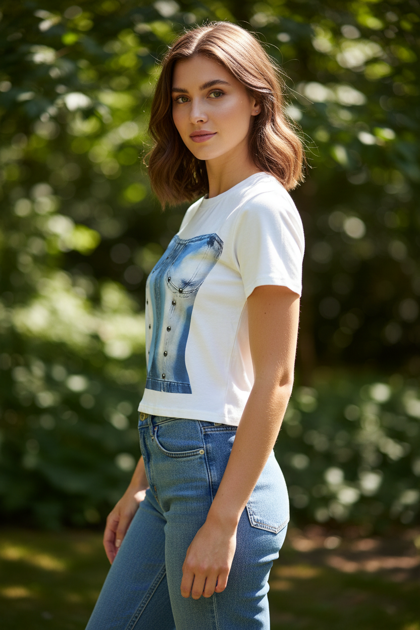 Denim Corset Graphic Tee White - Female Model Side Pose
