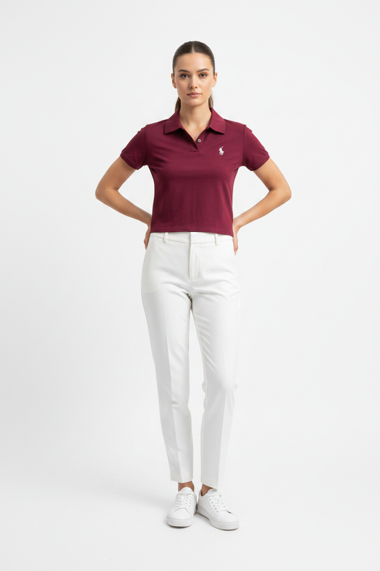 Women Cotton Polo Crop Top Maroon - Front Pose Model