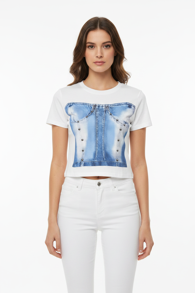 Denim Corset Graphic Tee White - Female Model Front Pose