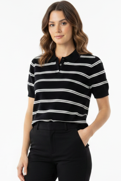 Black White Striped Knit Top - 3/4 Angle