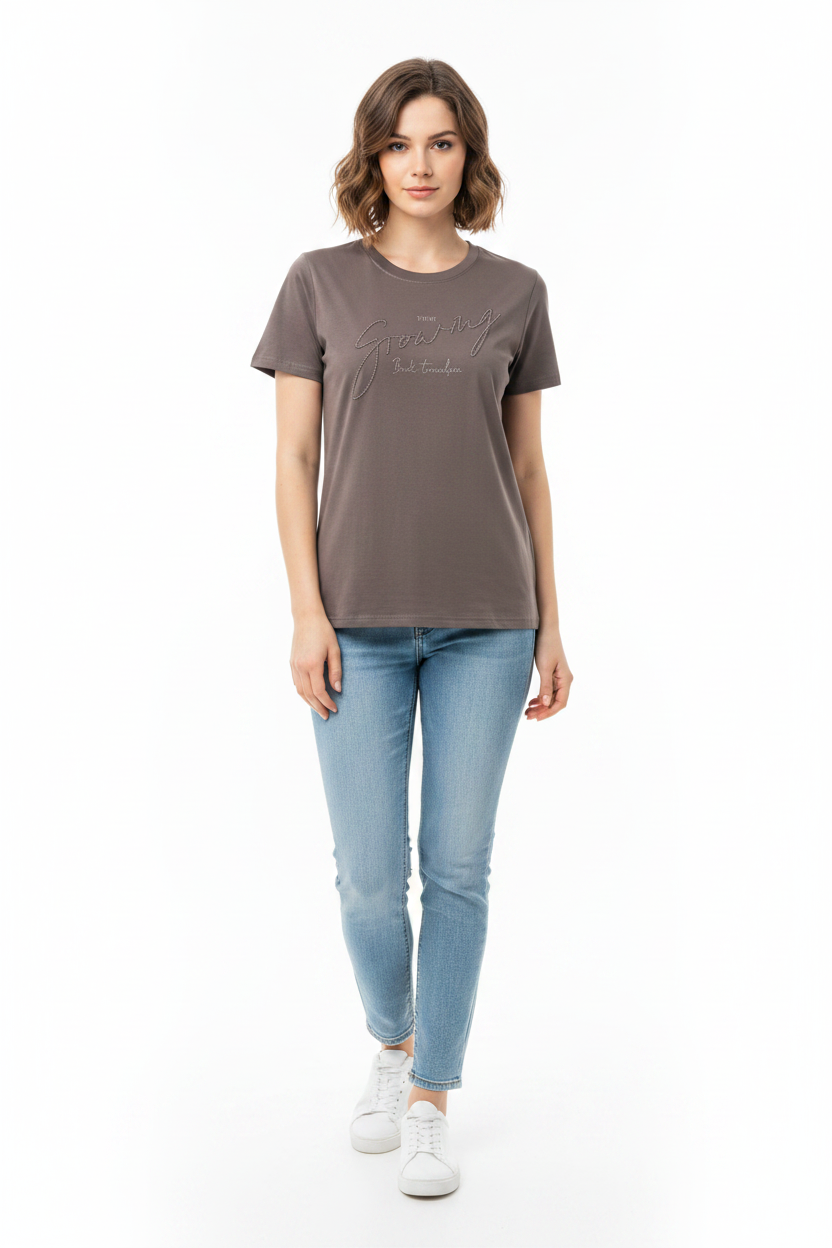 Mocha Brown Premium Tee - Female Model Front Pose