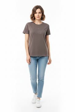 Mocha Brown Premium Tee - Female Model Front Pose