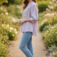 Lavender Embroidered Top - Female Model Side Pose