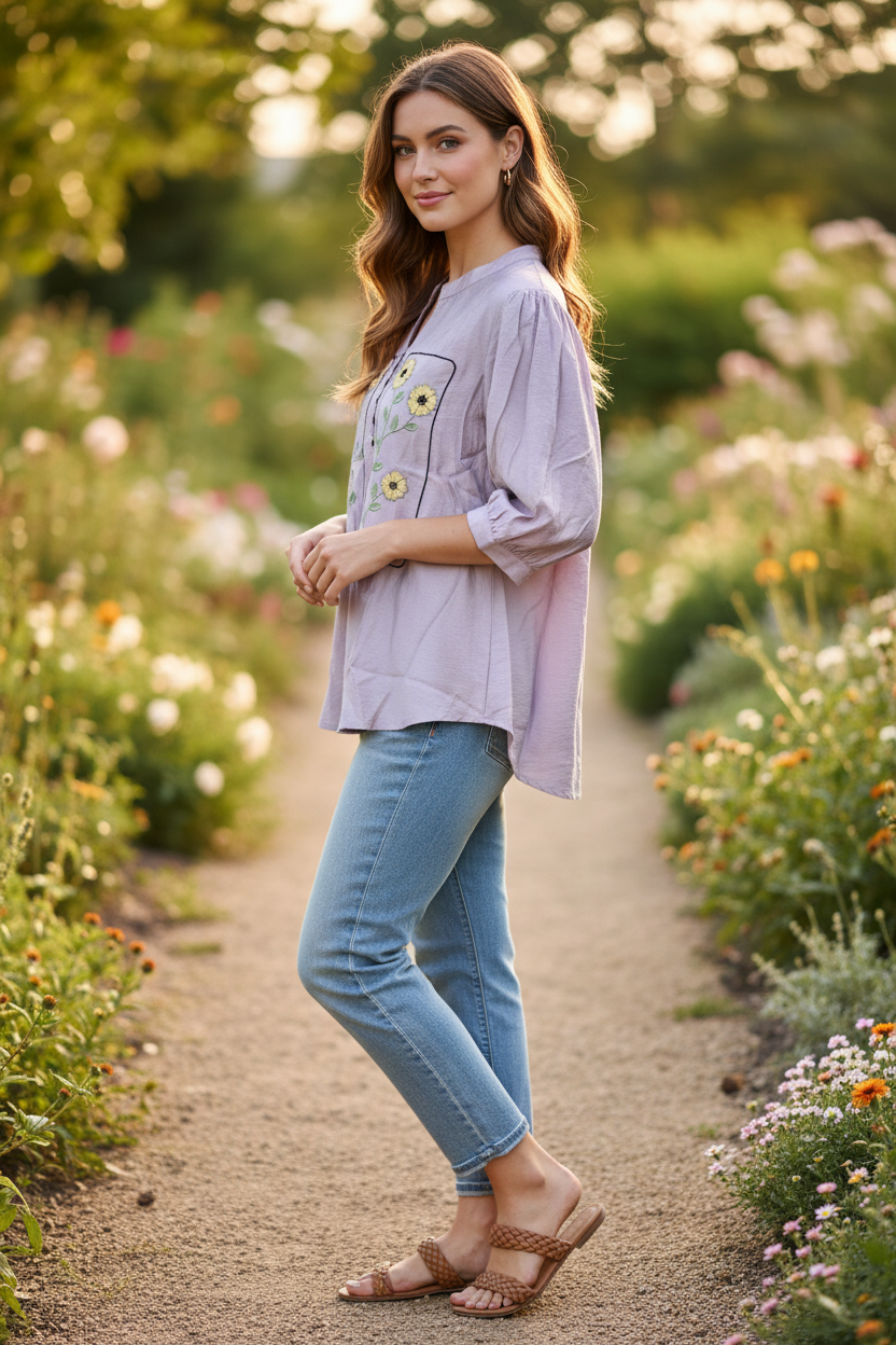 Lavender Embroidered Top - Female Model Side Pose