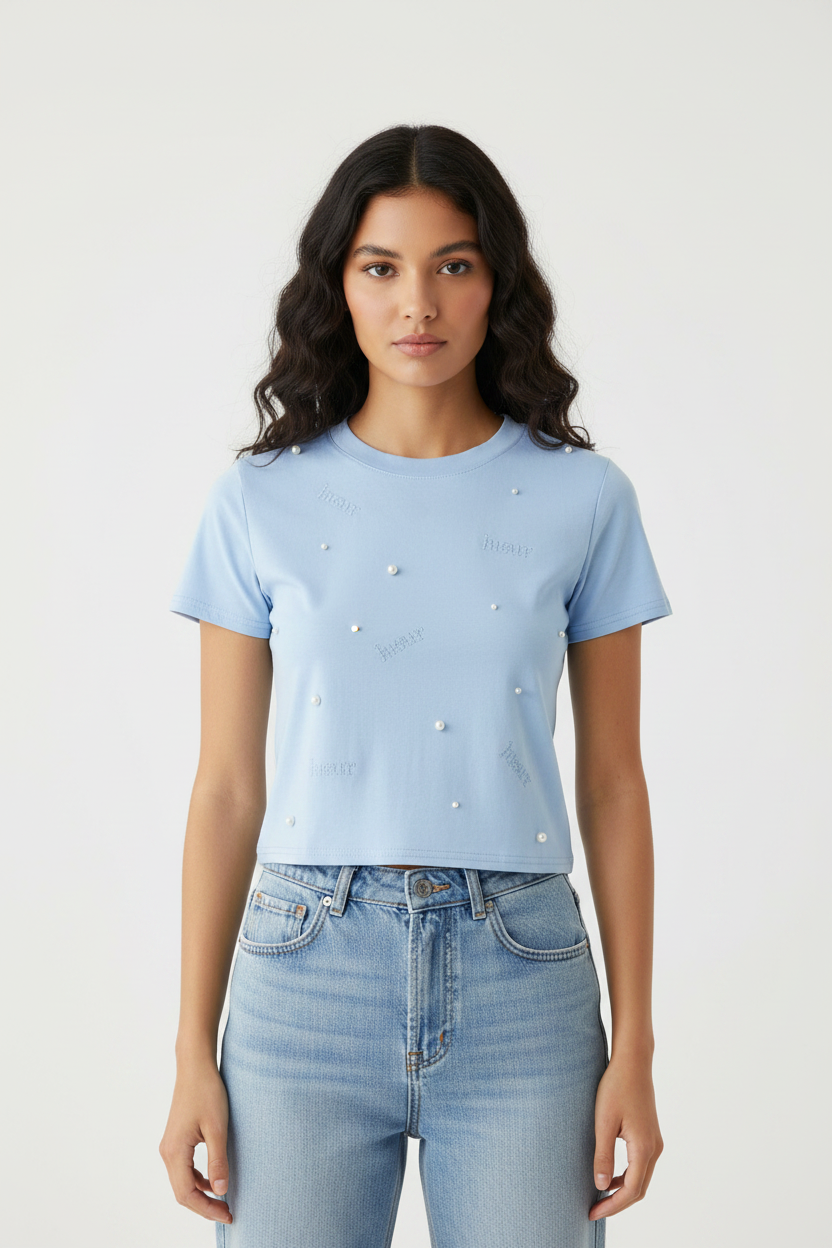 Sky Blue Pearl T-Shirt - Female Model Front Pose