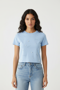 Sky Blue Pearl T-Shirt - Female Model Front Pose