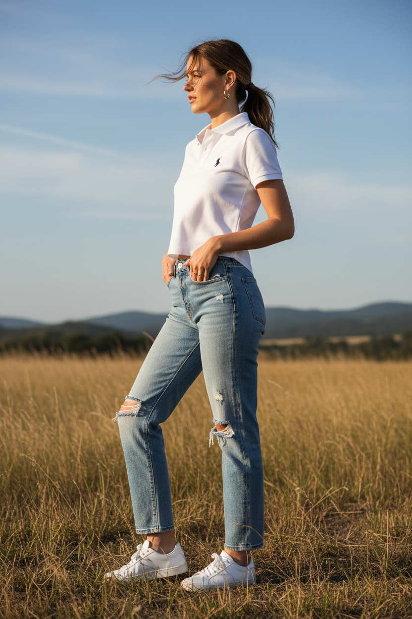 Women Cotton Polo Crop Top - Side Pose Model