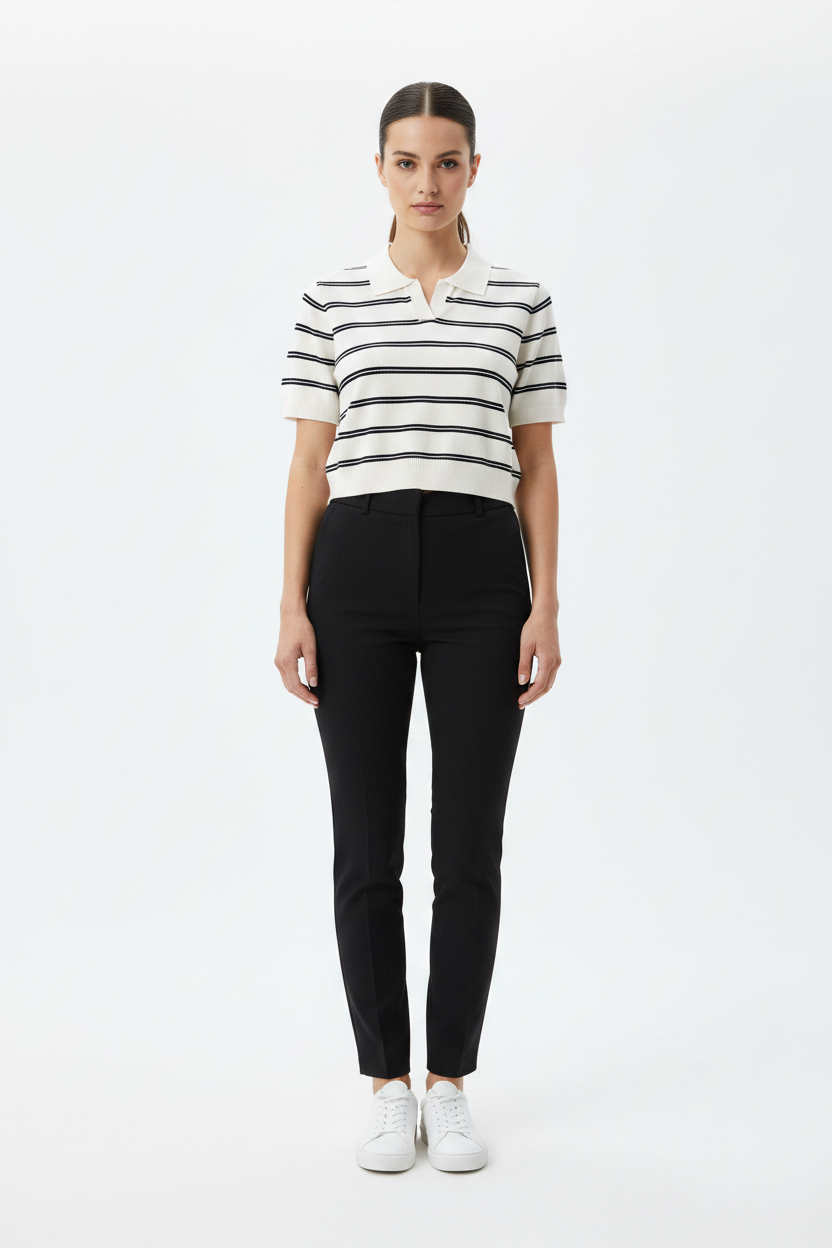 White Black Knit Polo - Front View