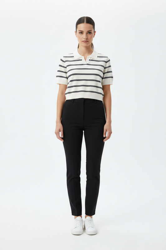 White Black Knit Polo - Front View
