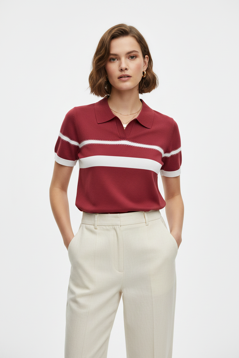 Red Knit Polo Top - Front View
