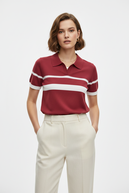 Red Knit Polo Top - Front View