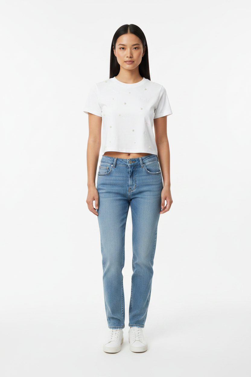 White Pearl T-Shirt - Female Model Front Pose