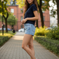 Women Cotton Polo Crop Top Navy Blue - Side Pose Model