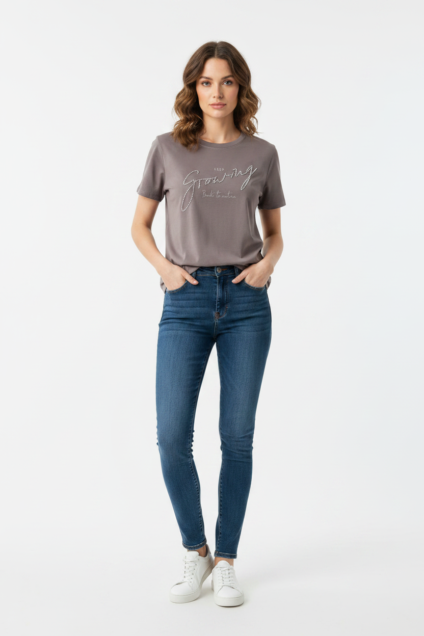 Grey Premium Tee - Female Model Front