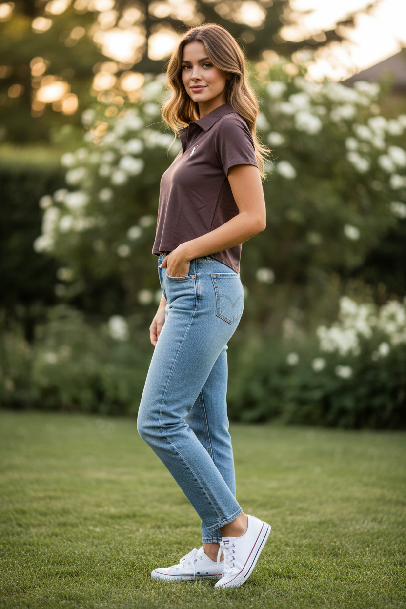 Women Cotton Polo Crop Top Brown - Side Pose Model
