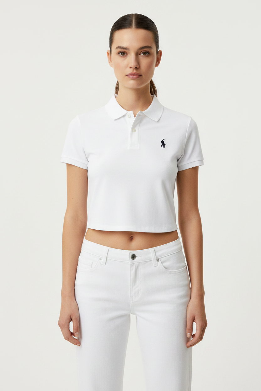 White Polo Crop T-Shirt - Female Model Front Pose
