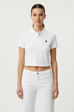 White Polo Crop T-Shirt - Female Model Front Pose