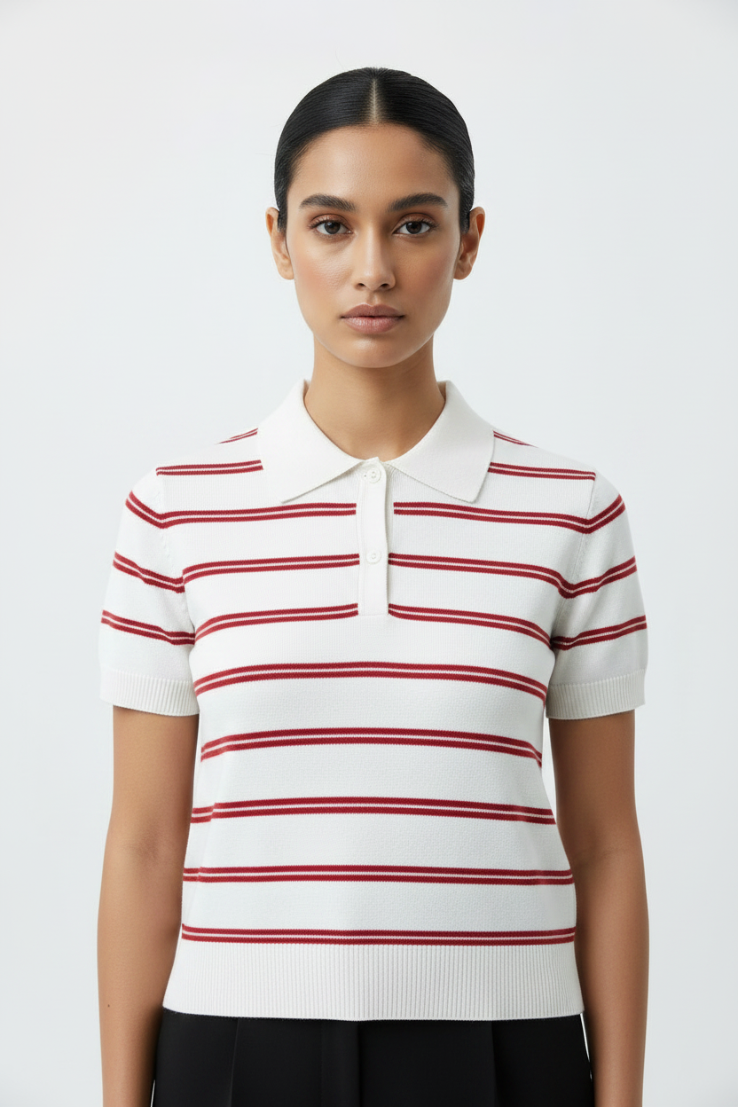 White Maroon Knit Polo - Close Up