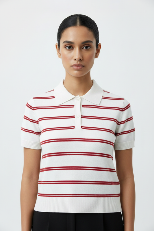 White Maroon Knit Polo - Close Up