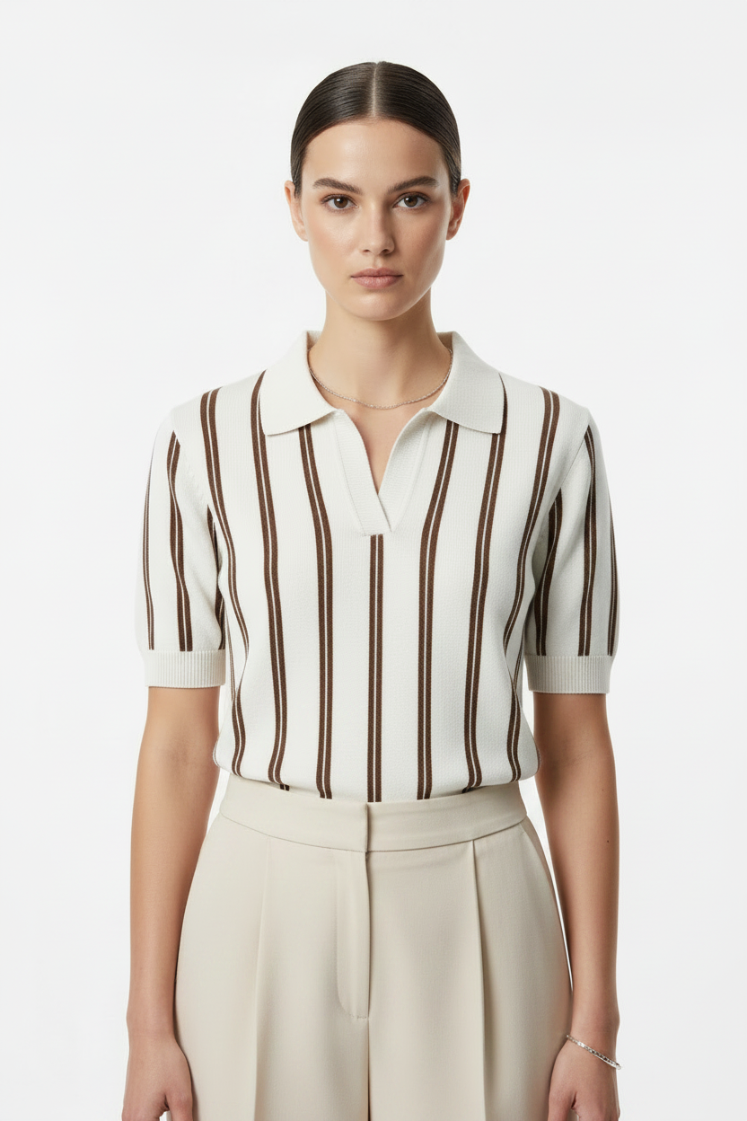 White Brown Knit Top - Front View